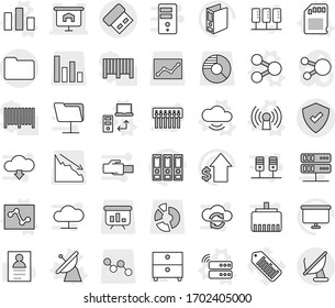 Editable thin line isolated vector icon set - presentation, documents, protected, share vector, satellite antenna, server, cloud service, data transfer, chart, analytics, sd card, archive, binder