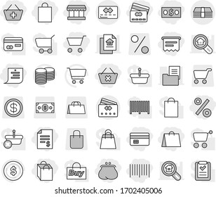 Editable thin line isolated vector icon set - cart, money, credit card, account balance, purse, add to basket, delete, shopping list, market, bag, percent, bar code, atm receipt, dollar coin vector