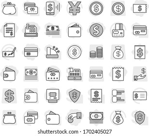 Editable thin line isolated vector icon set - hand coin, dollar, credit card, receipt, account balance, mobile pay, wallet, cashbox, atm, vector, money bag, check, yen sign, stack, investment, purse