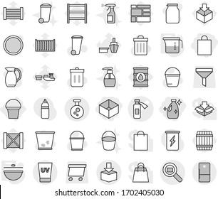 Editable thin line isolated vector icon set - shopping bag, box, cleanser, potion bottle vector, package, chemical, cargo search, uv cream, bucket, cauldron, measuring cup, barrel, trash bin, jug