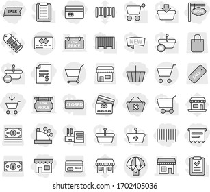Editable thin line isolated vector icon set - add to cart, basket, credit card, account balance, delete, shop, sale, bar code, cashbox, atm receipt, store signboard, parachute delivery, barcode, new