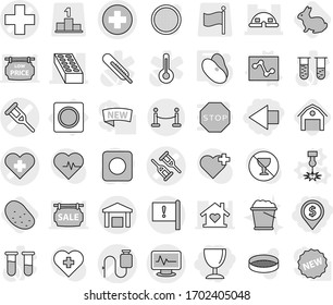 Editable thin line isolated vector icon set - dollar pin, left arrow, wineglass, medical cross vector, heart, crutch, monitor pulse, dropper, brick, dome house, important flag, warehouse, vip fence