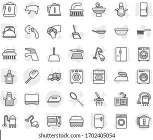 Editable thin line isolated vector icon set - cutting board, kettle, apron, microwave oven, fridge, pig, water tap vector, vacuum cleaner, fetlock, scoop, sponge, iron, steaming, washer, sink, brush