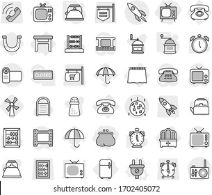 Editable thin line isolated vector icon set - purse, tv, rocket, disco ball, curtain, dresser, stool, phone, fridge, plug vector, kettle, hand mill, windmill, horseshoe, washboard, alarm clock, call