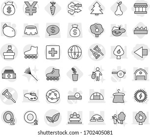 Editable thin line isolated vector icon set - market, left arrow, crutch vector, leafs, hospital recieption, barn, dome house, greenhouse, flower bed, stadium, first aid, solar power, lemon, pear
