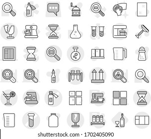 Editable thin line isolated vector icon set - sand clock vector, test vial, potion bottle, window, fragile, cargo top sign, chemical, search, broken, cocktail, coffee maker, spices, wine, scraper