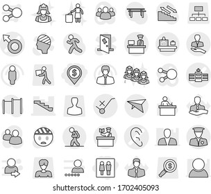 Editable thin line isolated vector icon set - wc, dollar pin, male sign vector, hospital, ear, stairs, client, customs control, do not trolley, security man, deltaplane, tourist, baggage checking