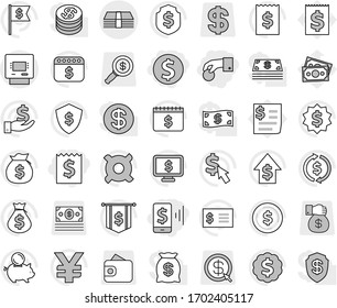 Editable thin line isolated vector icon set - hand coin, dollar, receipt, mobile pay, money, atm, exchange vector, bag, piggy bank, investment, growth, medal, flag, shield, calendar, monitor, cursor