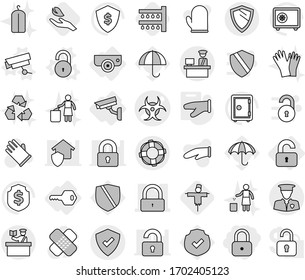 Editable thin line isolated vector icon set - lock, biohazard vector, customs control, protected, security man, inspector, shield, lifebuoy, unlocked, key, surveillance camera, unlock, cook glove
