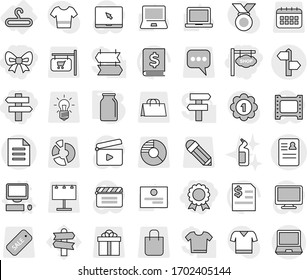 Editable thin line isolated vector icon set - bow, medal, shop signboard, singlepost, anamnesis vector, signpost, document, hanger, computer, bank, toilet cleanser, notebook pc, certificate, t shirt