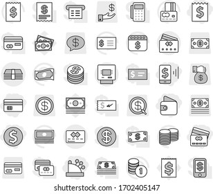 Editable thin line isolated vector icon set - dollar coin, credit card, receipt, mobile pay, wallet, cashbox, money, atm, vector, cash, stack, calendar, investment, gift, arrow, message, reader, tap