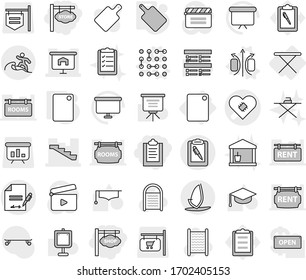 Editable thin line isolated vector icon set - clipboard, store signboard, shop, pacemaker vector, presentation, stairs, pen, inventory, surfer, windsurfing, iron board, cutting, magnetic field, list