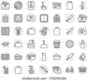 Editable thin line isolated vector icon set - credit card, shopping bag, cleanser, identity, power socket, switch, window, coil vector, mobile phone, 3d glasses, blender, scoop, foam basin, garbage