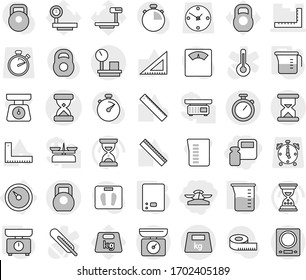 Editable thin line isolated vector icon set - scales, weight, sand clock vector, ruler, heavy, warehouse, stopwatch, barometer, measuring cup, kitchen, corner, big, alarm, thermometer, store