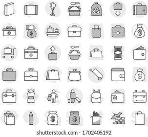 Editable thin line isolated vector icon set - shopping bag, doctor vector, passenger, suitcase, baggage checking, get, trolley, flour, washing powder, garbage, trash, construct, pasta, case, wallet