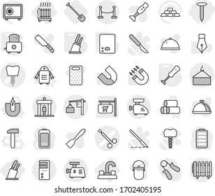 Editable thin line isolated vector icon set - nail, tooth implant vector, surgical clamp, loading, crane, vip fence, detector, water tap, radiator, stands for knives, magnet, pipes, hammer, robot