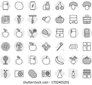 Editable thin line isolated vector icon set - chicken leg, apple vector, cocktail, cooler fan, fridge, corkscrew, vegetable oil, tomato, carrot, cherry, mushroom, corn, pear, beet, potato, peas