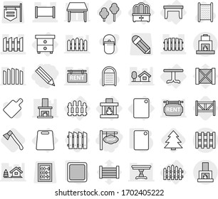 Editable thin line isolated vector icon set - pencil, shop signboard, fence, pallet, table, nightstand, dresser, cutting board, fireplace, trees, axe, farm, spruce, washboard vector, wood box, rent