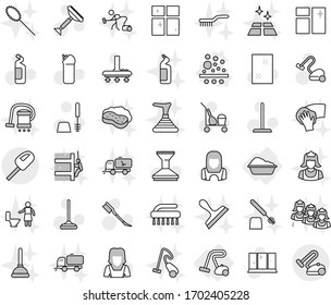 Editable thin line isolated vector icon set - washing, vacuum cleaner, filter vector, scraper, trolley, mop, car fetlock, window cleaning, toilet brush, agent, shining, woman, sweeper, clean floor