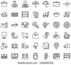 Editable thin line isolated vector icon set - navigator vector, map pin, Railway carriage, plane, satellite, money, phone, client, traking, ship, sea container, calendar, port, consolidated cargo