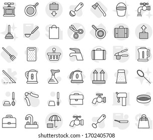 Editable thin line isolated vector icon set - scissors vector, cargo top sign, insurance, basket, suitcase, baggage get, kettle, pan, garlic clasp, ladle, fork, axe, plunger, water tap, toilet brush