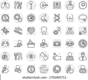 Editable thin line isolated vector icon set - disability vector, eye, female sign, pregnancy, broken bone, sperm, stomach, lungs, intestines, brain, hospital recieption, client, dna, edit, hand drop