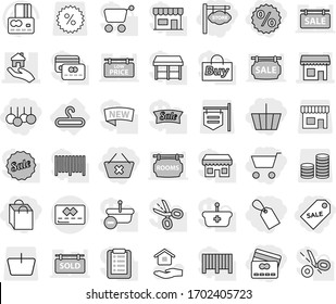 Editable thin line isolated vector icon set - cart, basket, delete, credit card, shopping bag, label, sale, percent, store signboard, shop, real estate, hanger, house hold vector, coin stack, rooms
