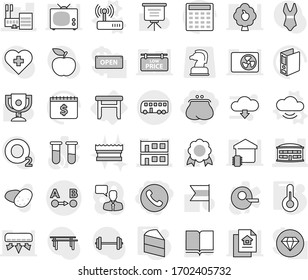 Editable thin line isolated vector icon set - purse, phone, mall, airport building, modular house, route a to b, bus, stool, cloud service vector, router, thermometer, cake, sponge, potato, book, tv