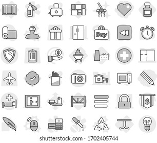 Editable thin line isolated vector icon set - pencil, heart, medical cross vector, lock, plan, hospital, shield, table, window, bbq, wireless mouse, recycle, vr helmet, pills bottle, factory, pasta