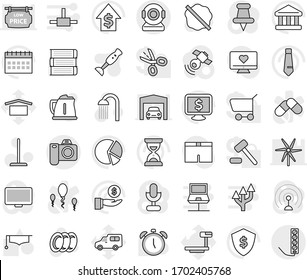 Editable thin line isolated vector icon set - mop vector, splotch, plates, shower, kettle, blender, book, graduate hat, alarm clock, bank, pie graph, investment, dollar growth, sand, tie, shield