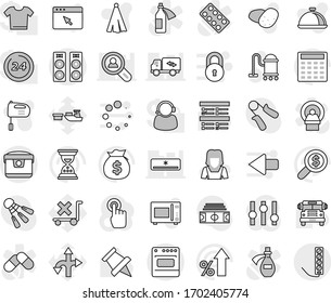 Editable thin line isolated vector icon set - vacuum cleaner vector, woman, towel, mixer, microwave oven, dish, potato, paper pin, school bus, exam, percent growth, money bag, calculator, search