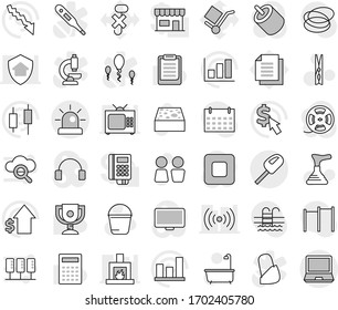 Editable thin line isolated vector icon set - plunger vector, bucket, clothespin, sponge, bath, water closet, calculator, clipboard, award cup, graph, japanese candle, crisis, dollar growth, cursor