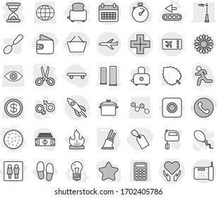 Editable thin line isolated vector icon set - basket, wc, wallet, label, phone, health care vector, cross, skyscrapers, outdoor light, calendar, rocket, plane, ticket, ring button, toaster, slippers