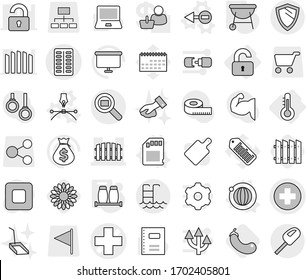 Editable thin line isolated vector icon set - medical cross vector, pills blister, fence, cargo search, pool, shield, thermometer, unlocked, electron, orbit, drawing pen, sd card, salt pepper, bbq