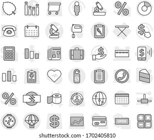 Editable thin line isolated vector icon set - mobile pay, microscope vector, bunker, clipboard, pen, parachute delivery, suitcase, compass, do not distrub, iron board, chart, cake, toilet paper, man