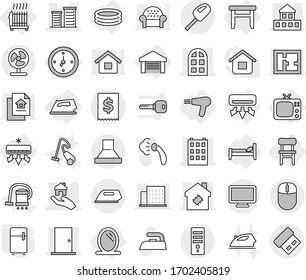 Editable thin line isolated vector icon set - cottage, building, door, district, arch window, smart house, real estate, tax, watch, air conditioning, mirror, garage, stool, chair, bed, tv, radiator