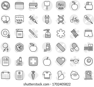 Editable thin line isolated vector icon set - heart, medical cross vector, thermometer, patch, recipe, monitor pulse, anamnesis, apple, tooth implant, dna, carrot, soap, liquid, toaster, microscope