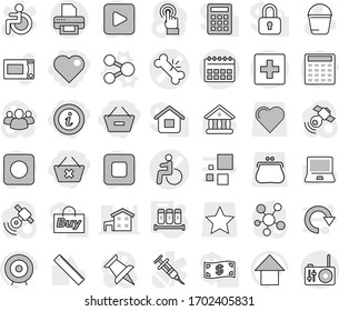 Editable thin line isolated vector icon set - remove from basket, delete cart, heart, info, disability vector, broken bone, calendar, first aid, share, spices, bucket, microwave oven, ruler, target