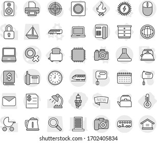 Editable thin line isolated vector icon set - spark plug, female sign vector, phone, train, bus, camera, thermometer, chest of drawers, toaster, ring button, cpu, speed, solar power, kettle, mixer