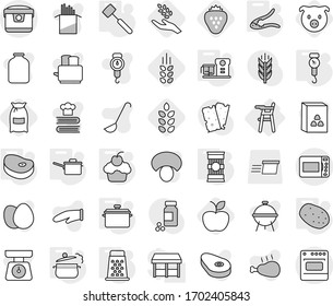 Editable thin line isolated vector icon set - Chair for babies, pan, saute, steam, handle scales, walnut crack, meat hammer, food processor, grater, pasta, potato, steake, cupcake, spikelets, flour