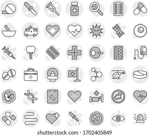Editable thin line isolated vector icon set - heart pulse vector, cross, artificial insemination, pipette, crutch, pill, pills bottle, blister, ambulance car, helicopter, tomography, intestines, eye