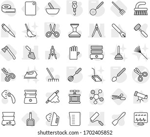 Editable Thin Line Isolated Vector Icon Set - Scissors Vector, Repair, Construction, Drawing Compasses, Scoop, Cutting Board, Handle Scales, Whisk, Skimmer, Big Spoon, Double Boiler, Mortar, Fork