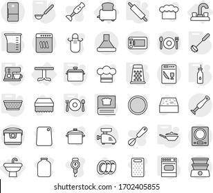 Editable thin line isolated vector icon set - cafe, water tap, sink, table, toaster, pan, vegetable oil, colander, measuring cup, whisk, ladle, rolling pin, oven, cooking book, coffee maker, grater