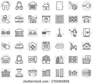Editable thin line isolated vector icon set - home, skyscrapers, houses, panel house, window, presentation, brick wall, university, school, district, dome, architector, real estate, warehouse, key