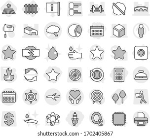 Editable thin line isolated vector icon set - star, calculator, spark plug, calendar, vector, brain, health care, bridge, warehouse, 3d, plane, handwheel, service bell, ring button, radiator, cpu