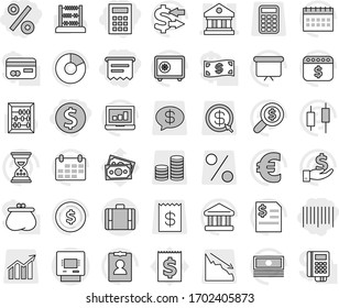 Editable thin line isolated vector icon set - dollar coin, percent, bar code, atm receipt, calculator, library, suitcase, abacus vector, bank, exchange, pie graph, japanese candle, laptop, cash