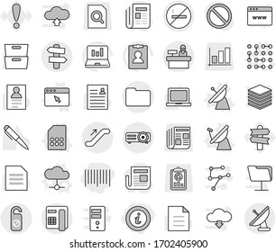 Editable thin line isolated vector icon set - bar code, info, documents, escalator, reception, no smoking, signpost, do not distrub, satellite antenna vector, cloud, sim card, browser window, pen