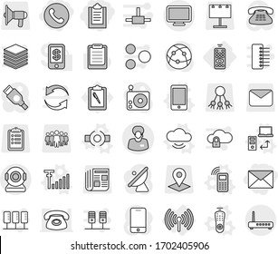 Editable thin line isolated vector icon set - clipboard, phone, mail, support manager, remote control, wireless, connect vector, mobile, cloud service, data transfer, antenna signal, billboard, team