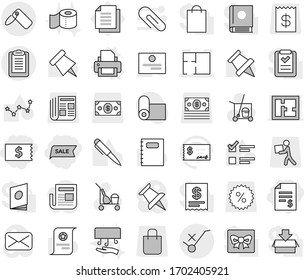 Editable thin line isolated vector icon set - account balance, receipt, sale, plan, clipboard, do not trolley sign, label, printer vector, cleaner, toilet paper, hand dryer, copybook, pen, pin, exam