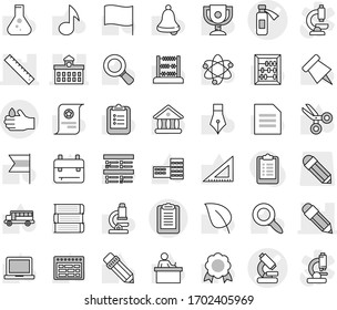 Editable thin line isolated vector icon set - microscope vector, potion bottle, pencil, university, ruler, clipboard, acid, book, pen, school building, corner, student, backpack, atom, bell, medal